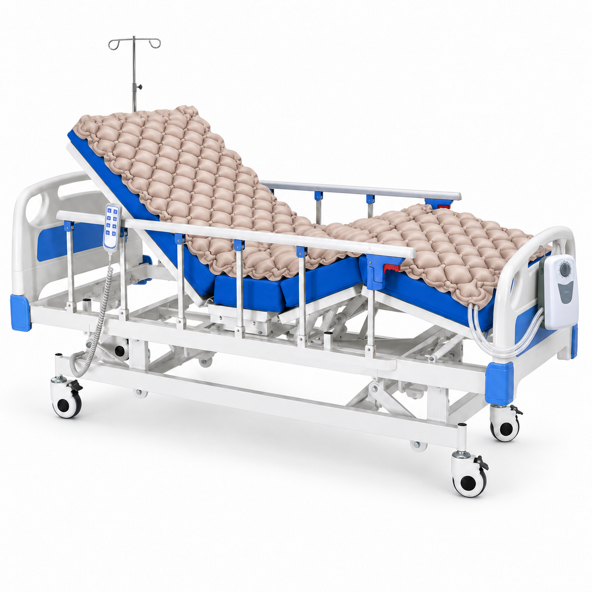 Imagen ilustrativa de cama eléctrica Motion Care 4 posiciones Pro con colchón clínico azul y colchón antiescaras instalado, con motor en la piecera.