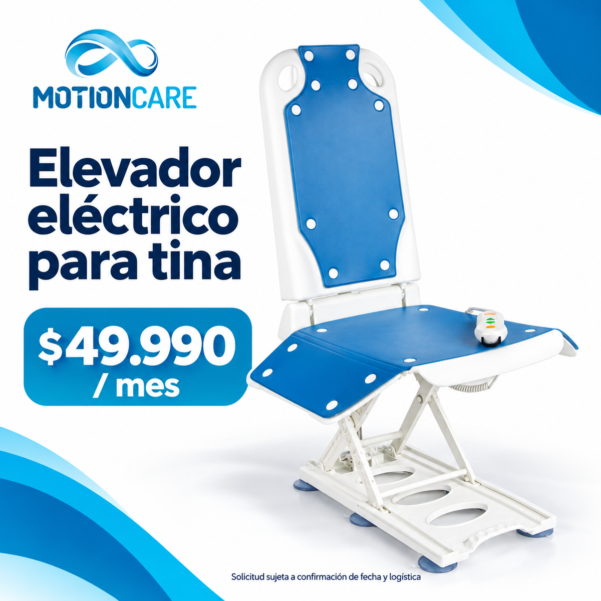 Elevador eléctrico para tina — gráfica original MotionCare del modelo de referencia; arriendo mensual