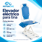 Elevador eléctrico para tina — gráfica original MotionCare del modelo de referencia; ficha técnica