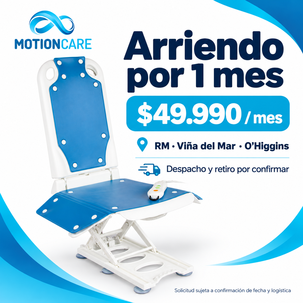 Elevador eléctrico para tina — gráfica original MotionCare del modelo de referencia; cobertura y solicitud