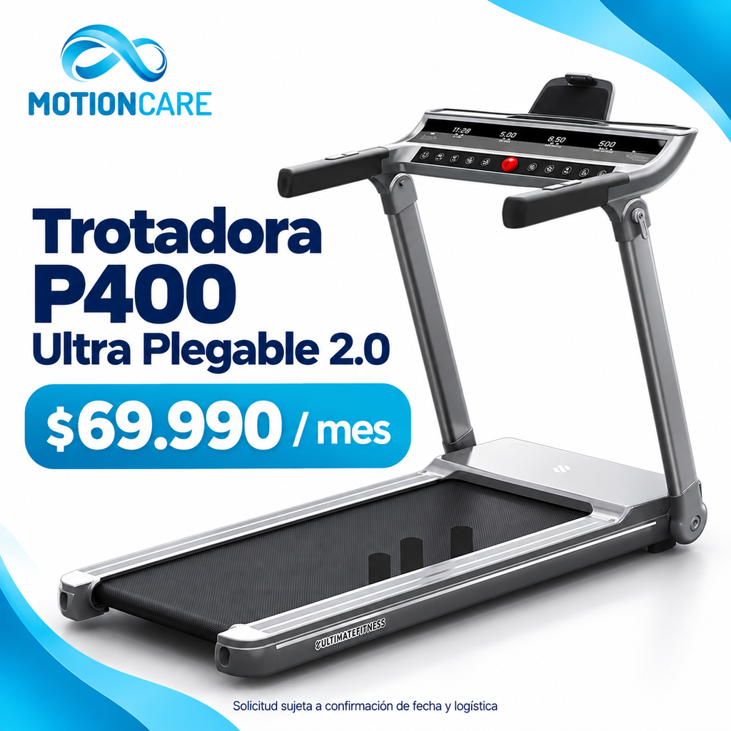Trotadora P400 Ultra Plegable 2.0 — gráfica ilustrativa original MotionCare; arriendo mensual