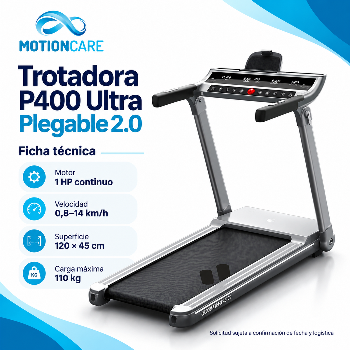 Trotadora P400 Ultra Plegable 2.0 — gráfica ilustrativa original MotionCare; ficha técnica