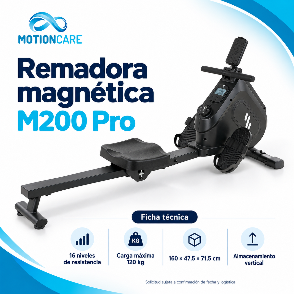 Remadora magnética M200 Pro — gráfica ilustrativa original MotionCare; ficha técnica