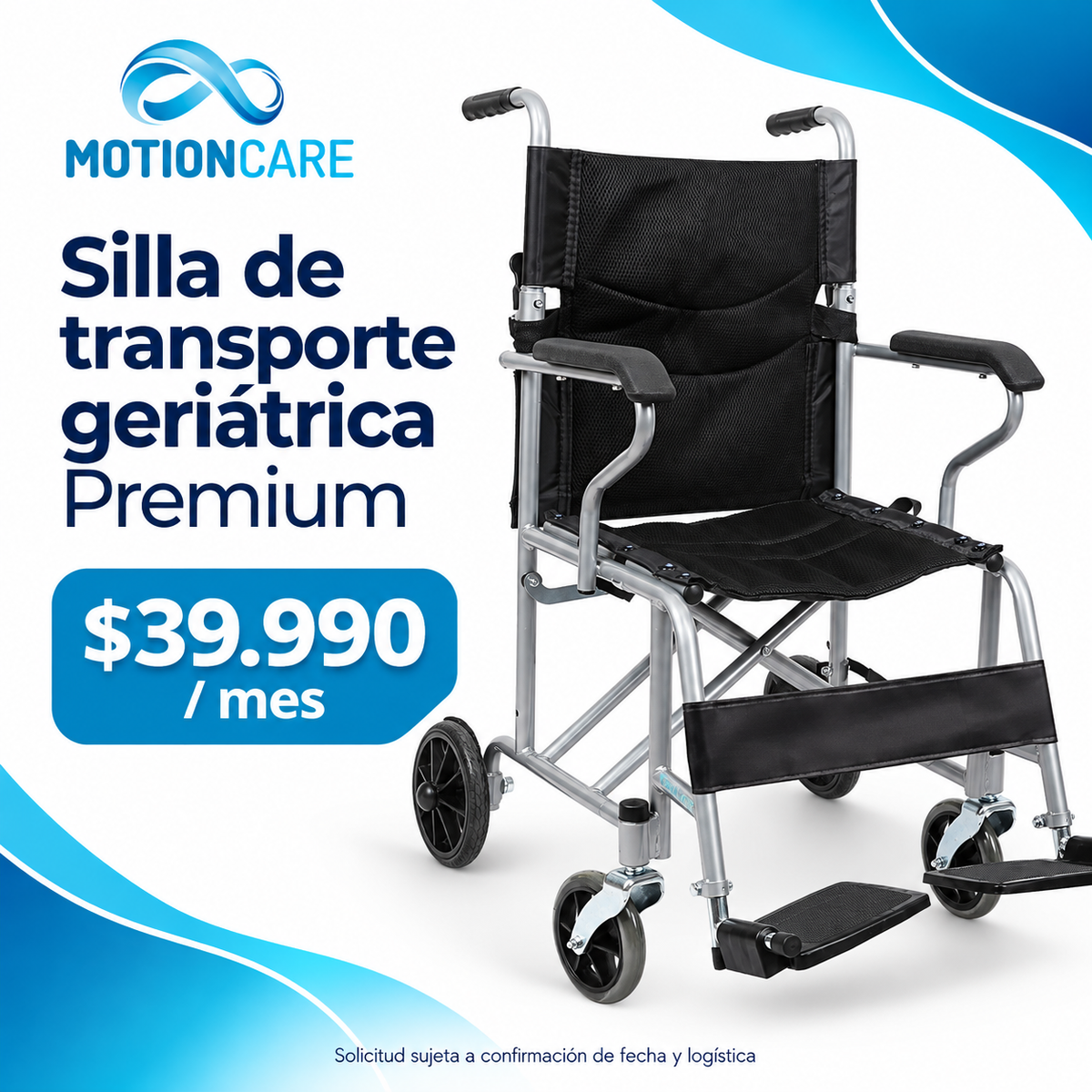 Silla de transporte geriátrica Premium — gráfica original MotionCare del modelo de referencia; arriendo mensual