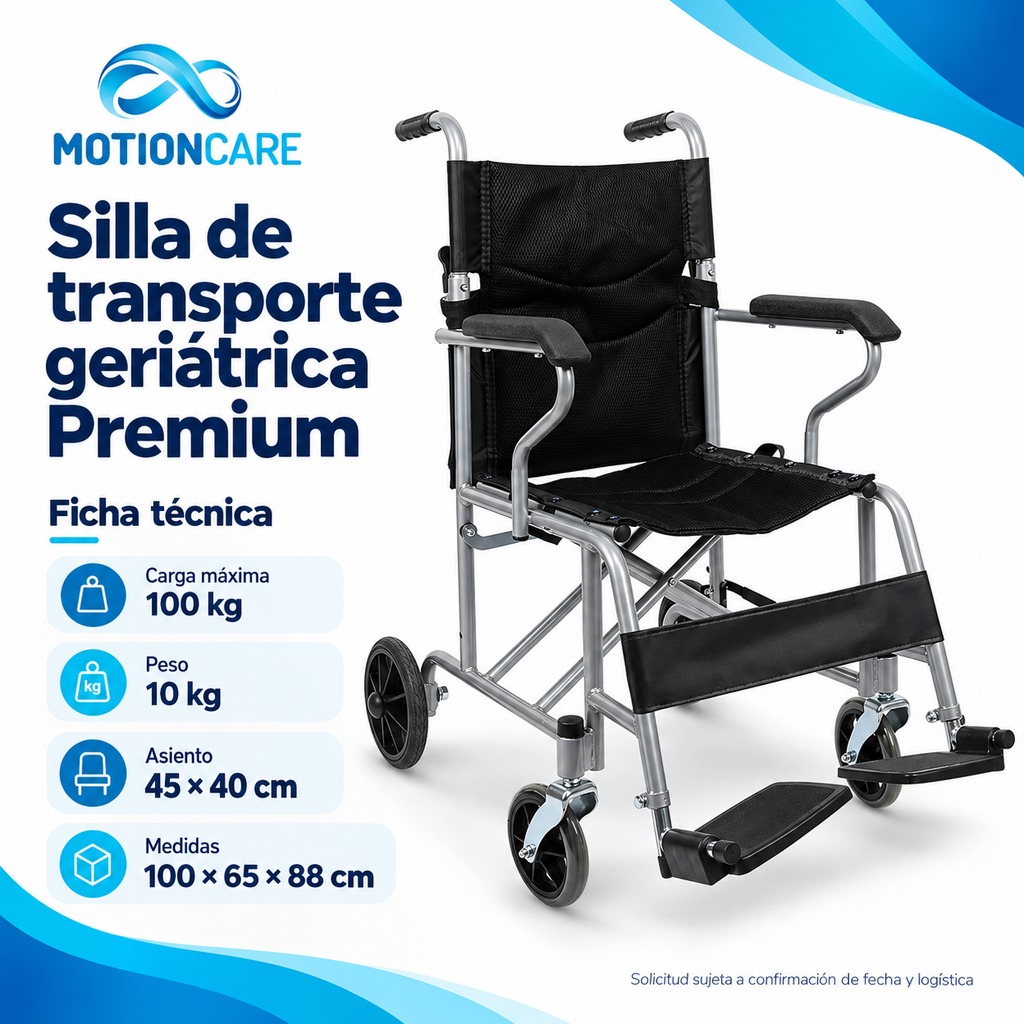 Silla de transporte geriátrica Premium — gráfica original MotionCare del modelo de referencia; ficha técnica