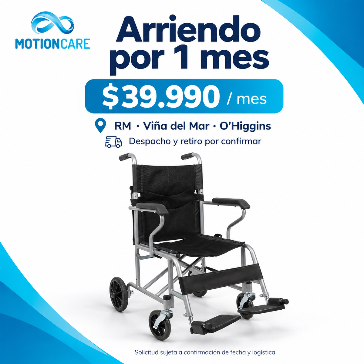 Silla de transporte geriátrica Premium — gráfica original MotionCare del modelo de referencia; cobertura y solicitud
