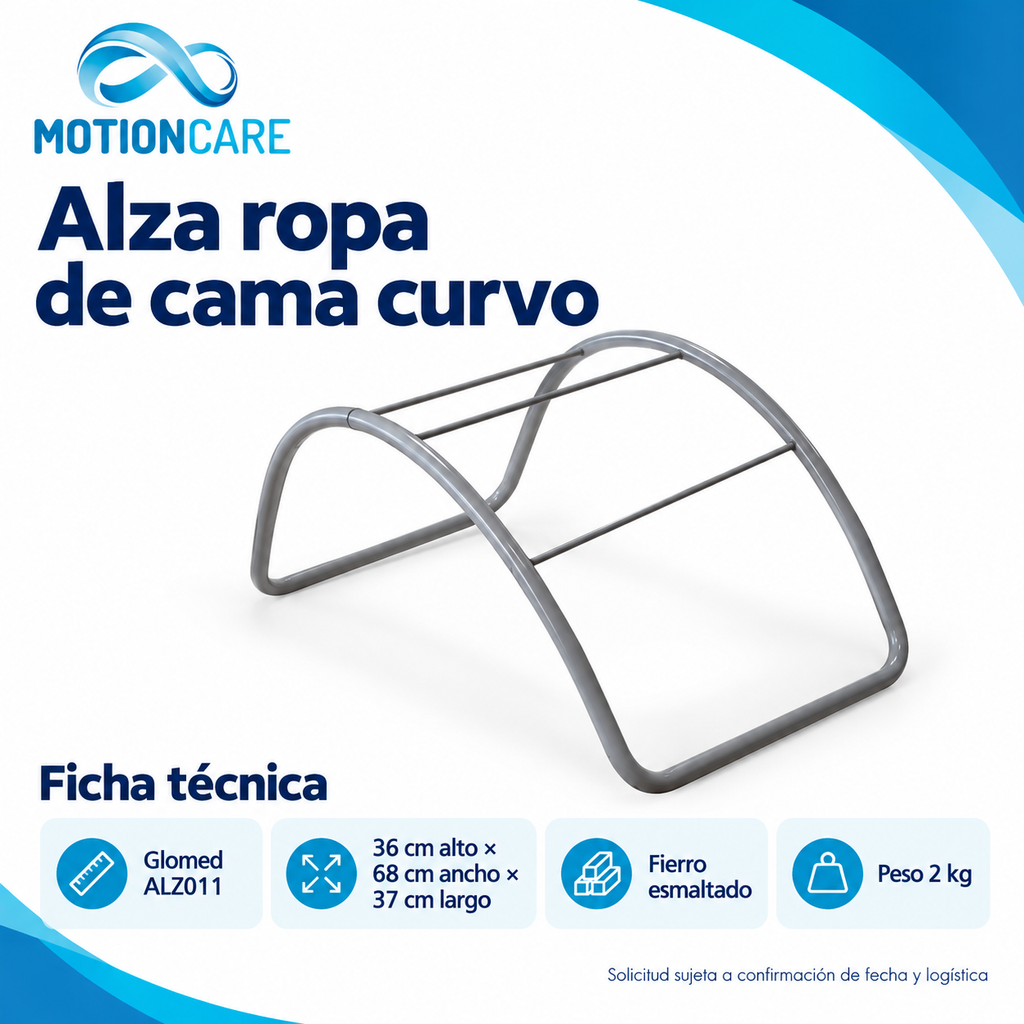 Alza ropa de cama curvo — gráfica ilustrativa original MotionCare; ficha técnica