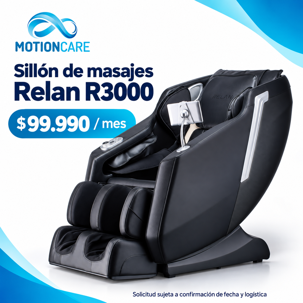 Sillón de masajes Relan R3000 — gráfica ilustrativa original MotionCare; arriendo mensual