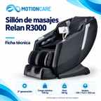 Sillón de masajes Relan R3000 — gráfica ilustrativa original MotionCare; ficha técnica