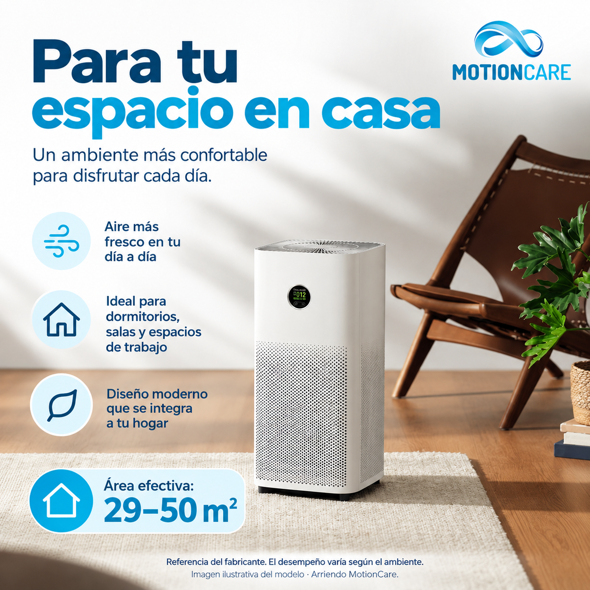 Mijia Smart Air Purifier 6 en un espacio de hogar; área efectiva de referencia de 29–50 m². Imagen ilustrativa.
