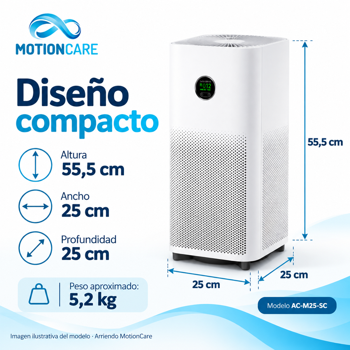 Dimensiones del modelo AC-M25-SC: 25 × 25 × 55,5 cm y peso aproximado de 5,2 kg.