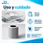 Uso y cuidado del purificador: posición vertical, 20 cm de separación y desconexión antes de limpiar.
