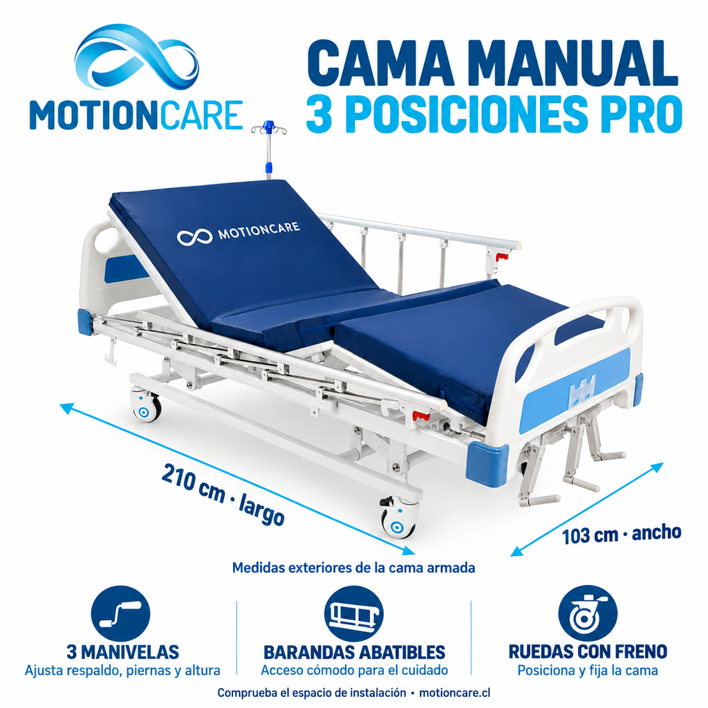 Cama manual 3 posiciones: 210 cm de largo, 103 cm de ancho, tres manivelas y ruedas con freno