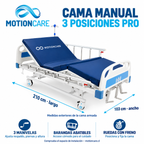 Cama manual 3 posiciones: 210 cm de largo, 103 cm de ancho, tres manivelas y ruedas con freno