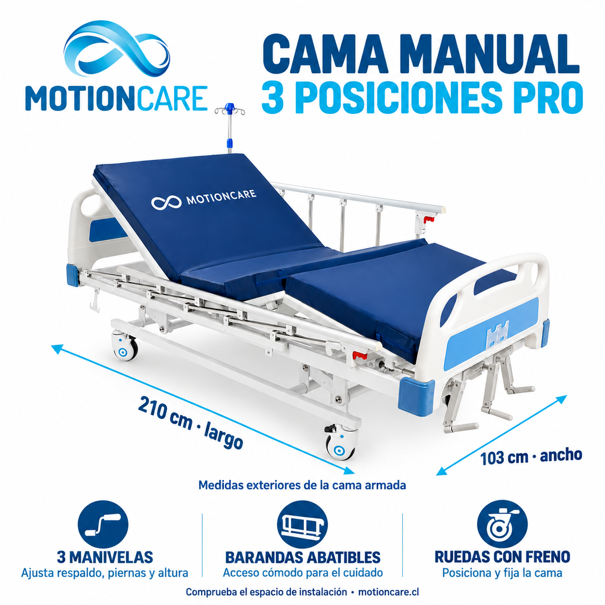 Cama manual 3 posiciones: 210 cm de largo, 103 cm de ancho, tres manivelas y ruedas con freno