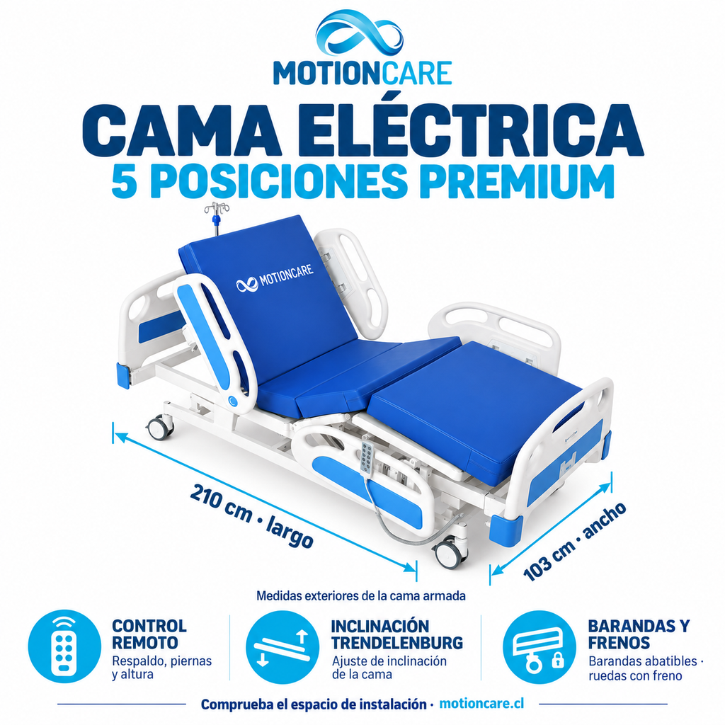 Cama eléctrica 5 posiciones Premium: 210 cm de largo, 103 cm de ancho, control remoto e inclinación Trendelenburg