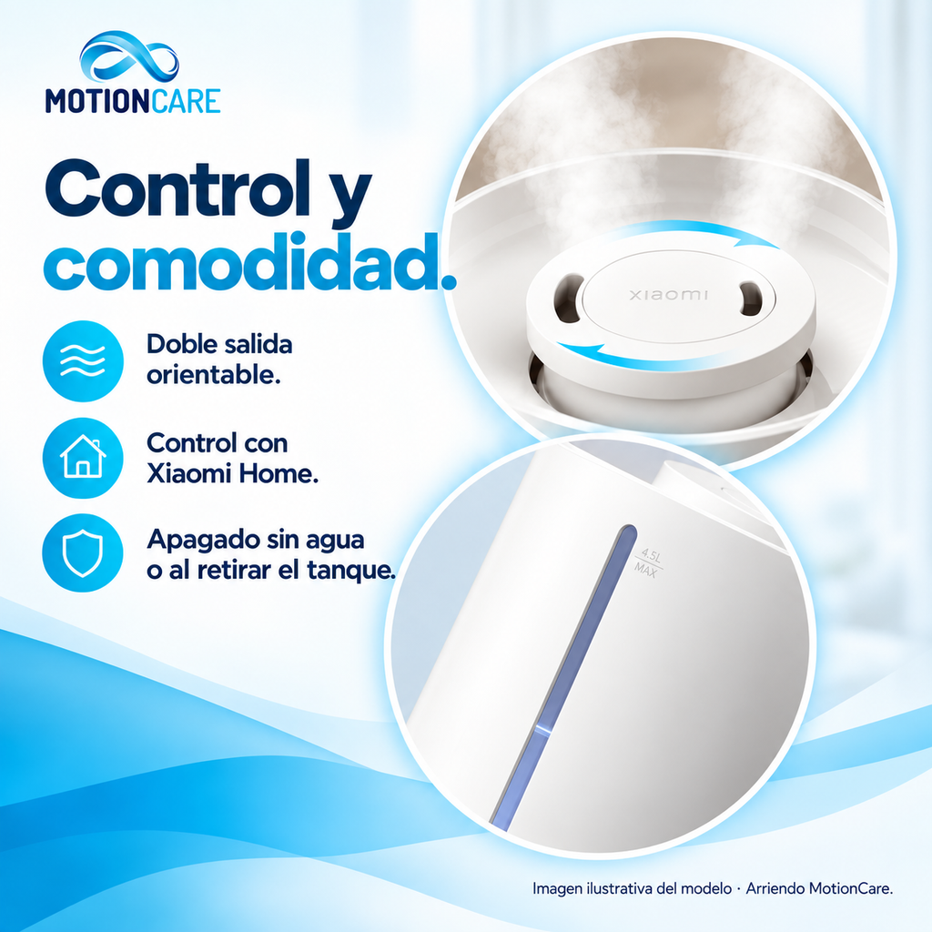 Detalle de la doble salida orientable y ventana de agua; control con Xiaomi Home y apagado sin agua.