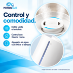 Detalle de la doble salida orientable y ventana de agua; control con Xiaomi Home y apagado sin agua.